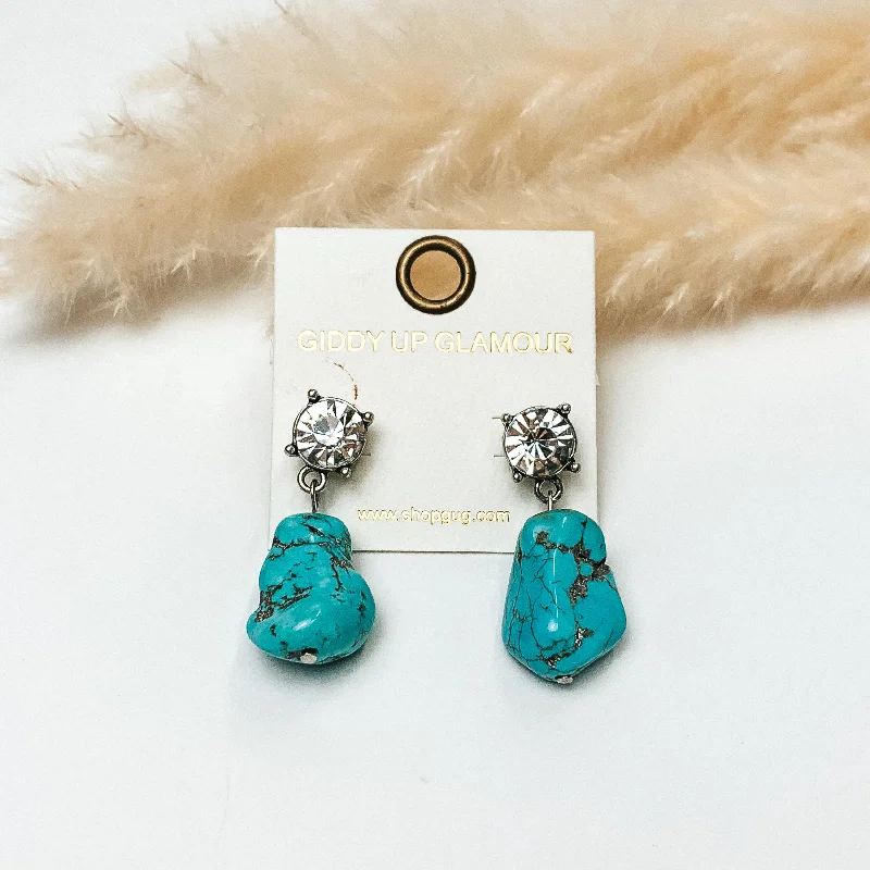 Designer Crystal Drop Earrings-Clear Crystal Post Back Earrings with Faux Turquoise Stone Drop