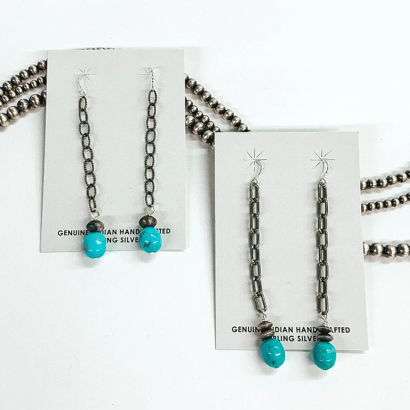 Classic Drop Earrings-Mason Lee | Navajo Handmade Sterling Silver Chain Drop Earrings with Navajo Pearl Charm and Turquoise Stone