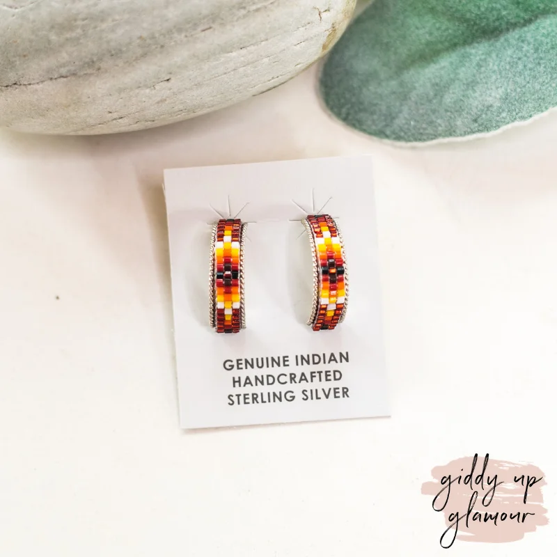 Simple Gold Earrings for Women-Navajo | Navajo Handmade Small Multi Colored Aztec Beaded Hoop Earrings in Maroon #2