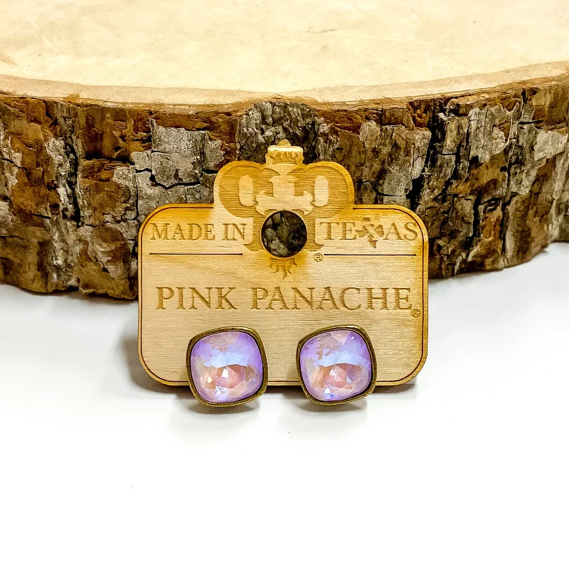 Custom Crystal Earrings for Women-Pink Panache | Bronze Tone Stud Earrings with Cushion Cut Crystals in Lavender