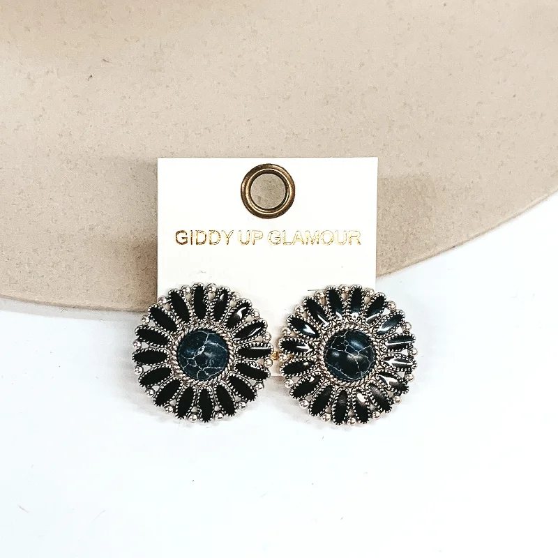 Custom Hoop Drop Earrings for Women-Circle Concho Cluster Epoxy Stud Earrings in Black