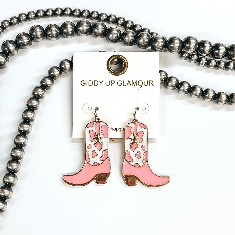 Large Drop Gemstone Earrings-Kick Your Boots Up Cow Print Boot Hanging Pendant Earrings in White and Pink