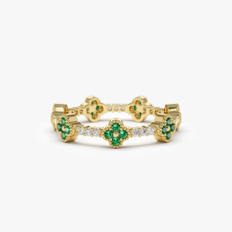 Customizable Engagement Rings for Men-14k Full Eternity Clover Emerald and Diamond Ring