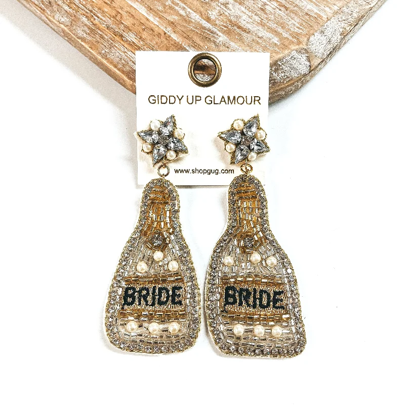 Gold and Crystal Earrings-Bride Beaded Bottle Earrings with Clear Crystals and Pearls in Silver Mix