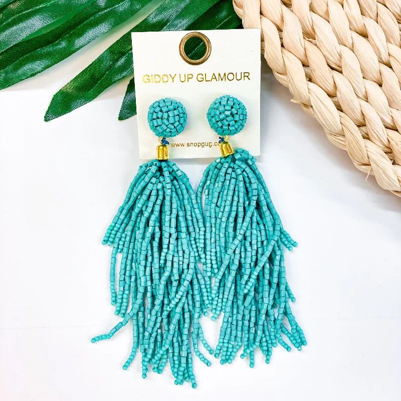 Designer Hoop Earrings-Crash My Party Seed Bead Tassel Earrings In Turquoise