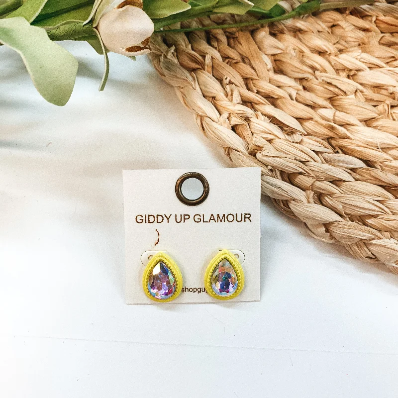 Geometric Hoop Earrings-Teardrop Glass Stone Post Earrings with AB Crystal in Yellow