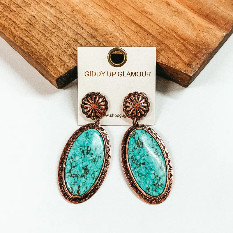 Dazzling Silver Drop Earrings-Copper Tone Concho Post Earrings with Large Oval Drop in Turquoise