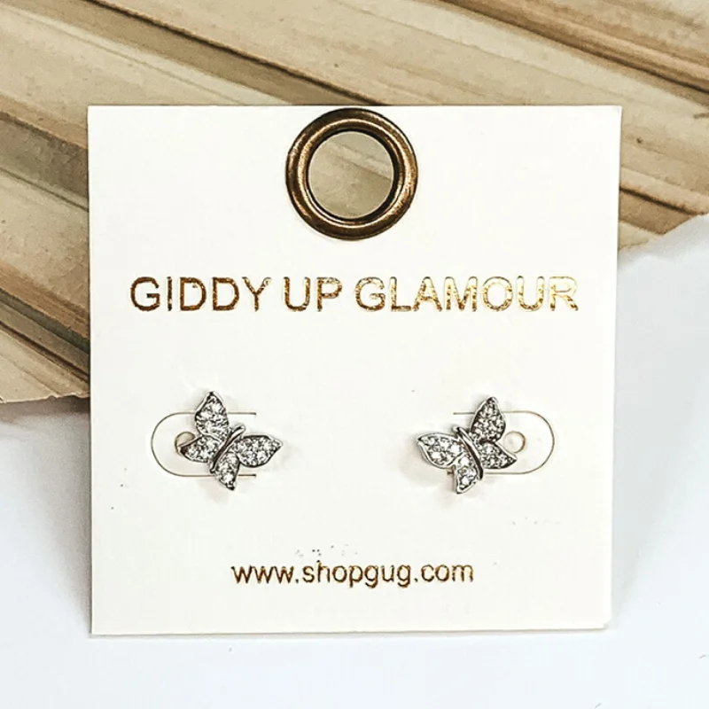 Gold Hoop Earrings-Dainty Butterfly Shaped Stud Earrings with CZ Crystals in Silver