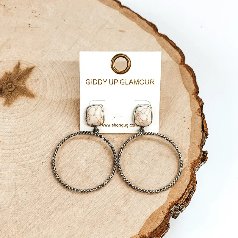 Crystal Hoop Earrings for Women-Soulful Look Circle Drop and Stone Post Silver Earrings in Ivory