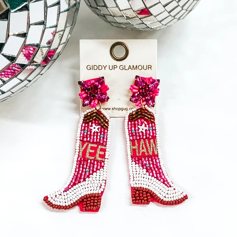 Colorful Hoop Earrings-Yee Haw Beaded Boot Post Back Earrings in Fuchsia and White