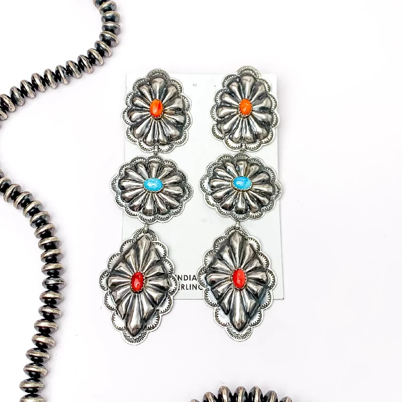 Sparkling Drop Stud Earrings-RL Begay | Navajo Handmade Sterling Silver Concho Drop Earrings with Turquoise Red, and Orange Stones