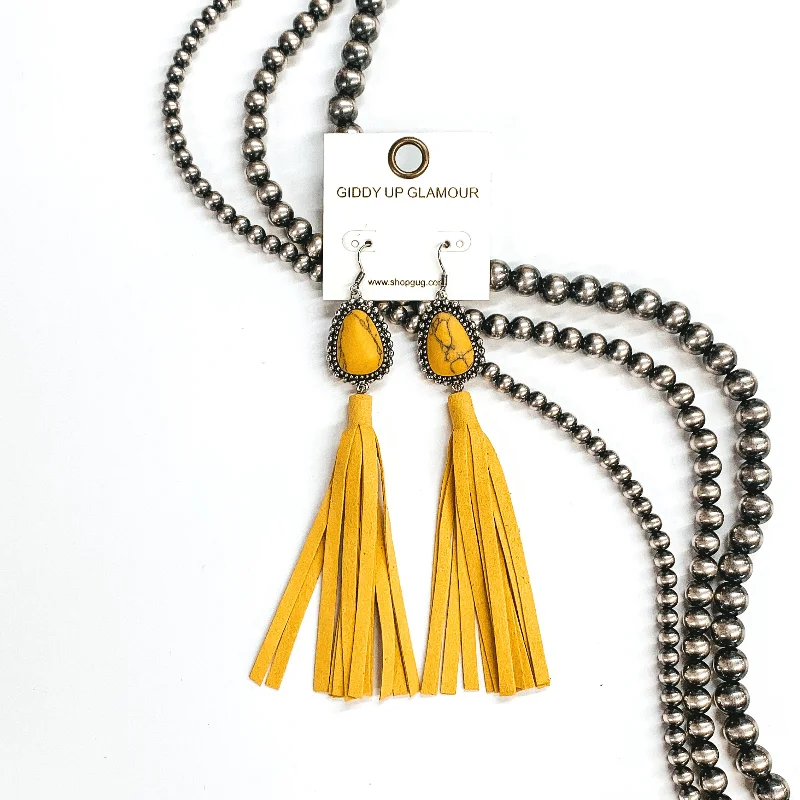 Large Crystal Earrings-Point the Way Yellow Stone Earrings with Faux Leather Tassels in Yellow