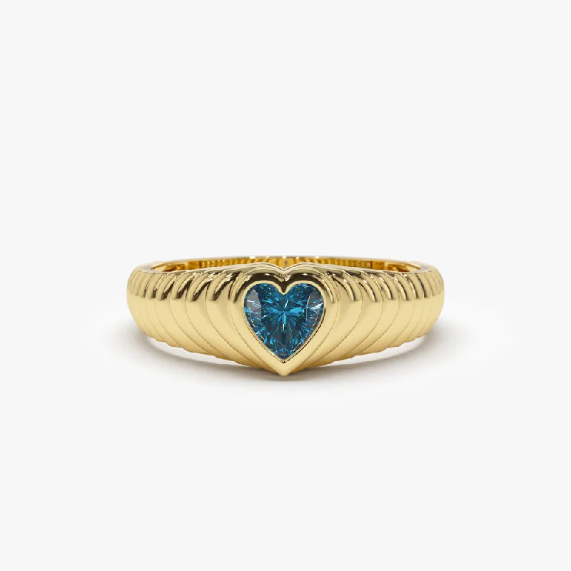 Fashionable Wedding Rings-14k Heart Shape Blue Topaz Beveled Ring