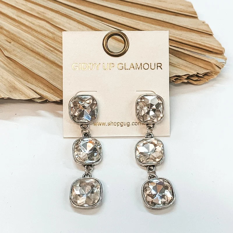 Personalized Gold Earrings-Clear Cushion Cut Crystal Drop Earrings in Silver