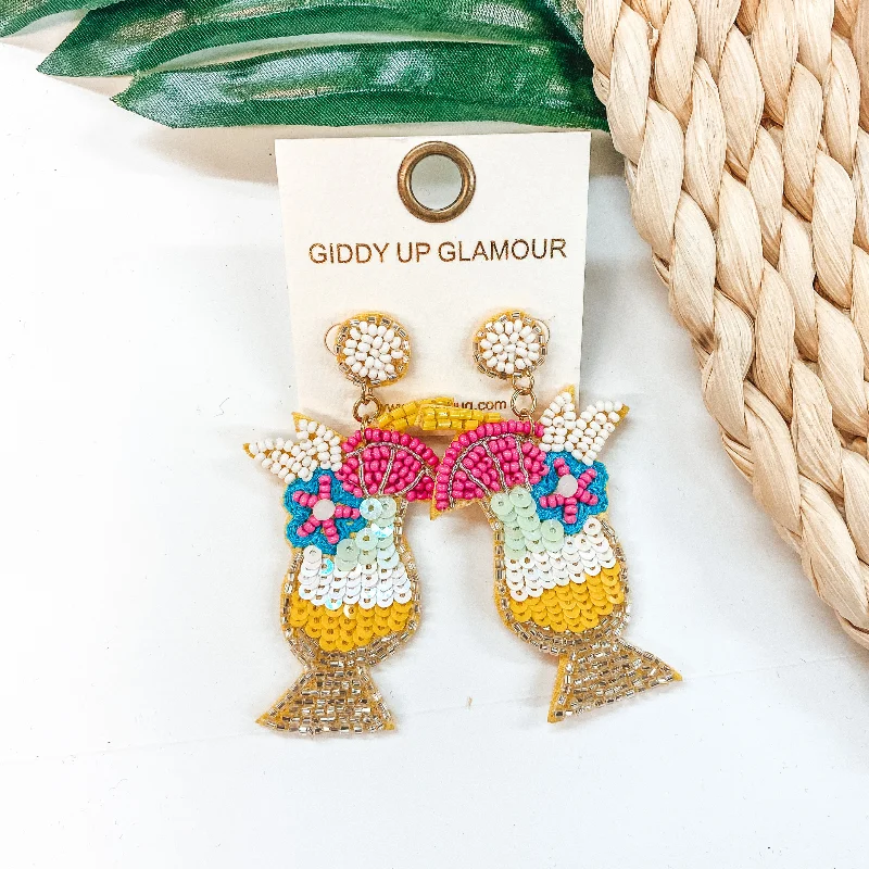 Trendy Gemstone Earrings for Women-Cheers To Summer Seed Bead Cocktail Earrings in Yellow and White