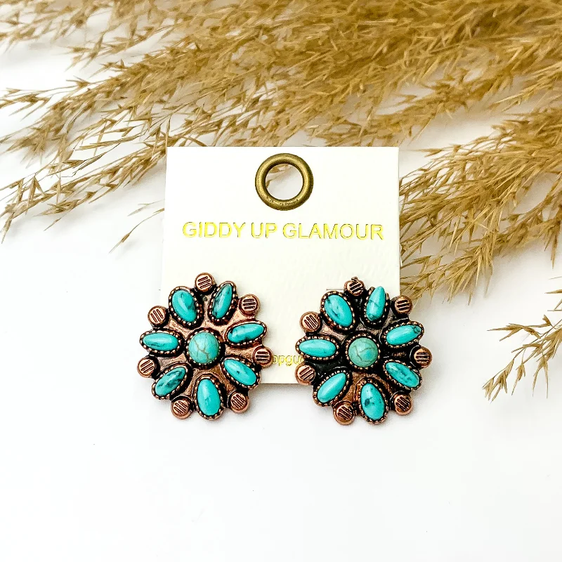 Silver Drop Earrings for Women-Faux Turquoise Flower Cluster Stud Earrings in Copper Tone