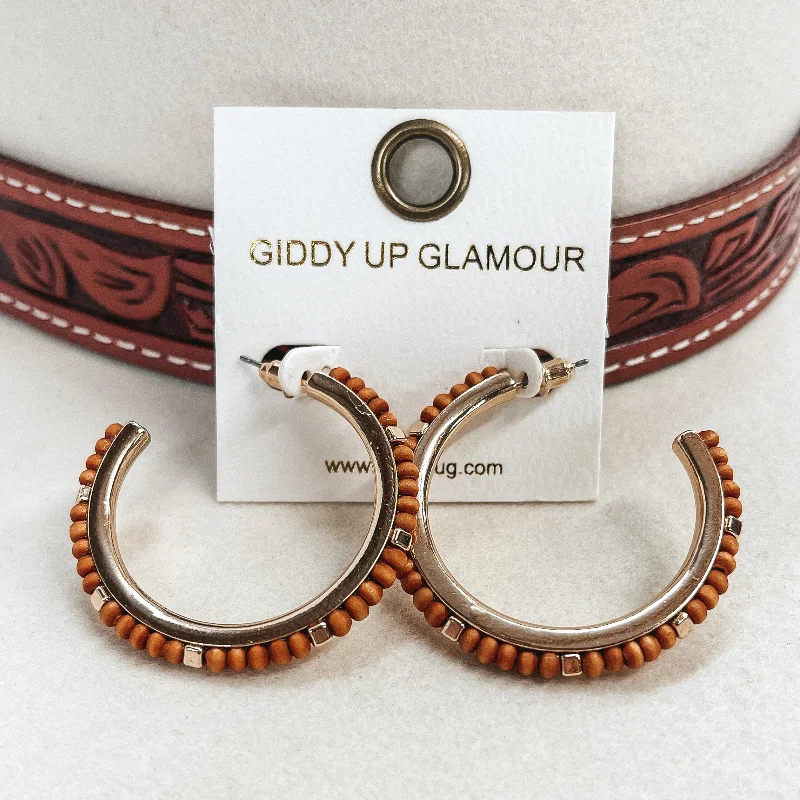 Trendy Drop Earrings for Women-Gold Hoops with Wood Beads and Gold Spacers in Brown