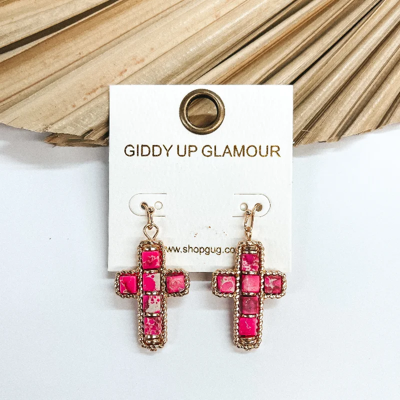 Simple Drop Earrings for Women-Gold Cross Pendant Earrings with Semi-Precious Stones in Fuchsia Pink