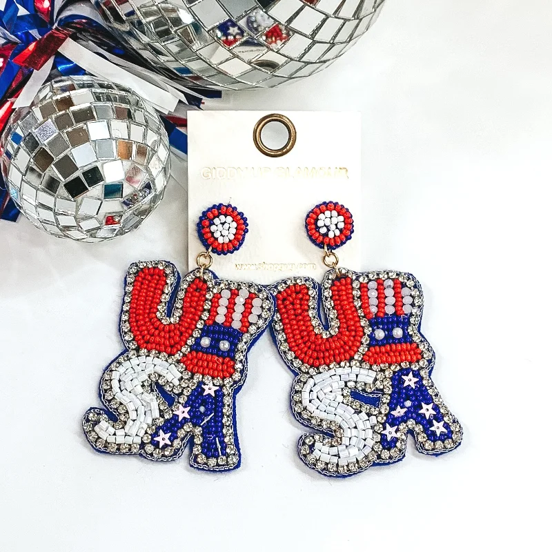 Trendy Hoop Earrings for Women-Beaded USA Drop Earrings with Clear Crystal Outline