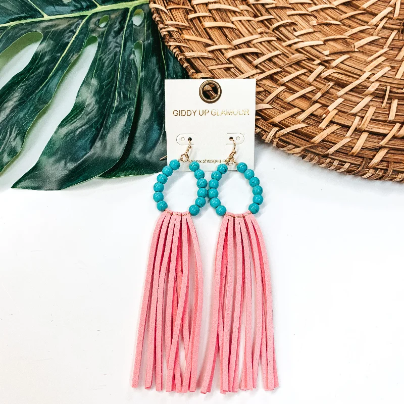 Sparkling Gemstone Drop Earrings-Turquoise Beaded Hoop Earrings with Pink Tassels