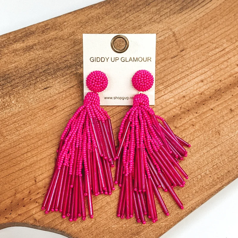 Sparkling Drop Stud Earrings-Tropical Days Ahead Beaded Dangle Earrings in Hot Pink