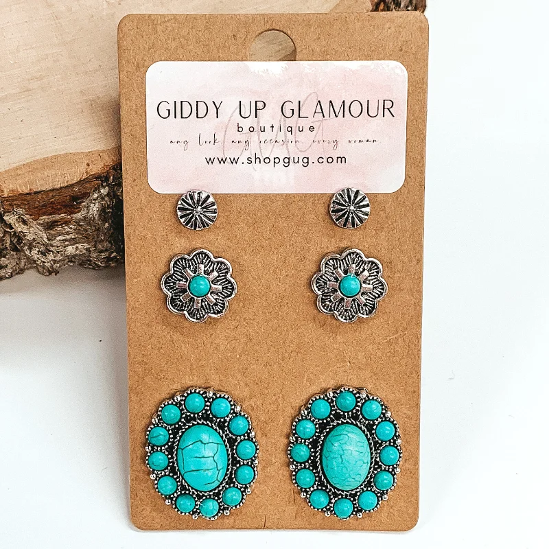 Simple Crystal Earrings for Women-Western Concho Stone Earring Set in Turquoise