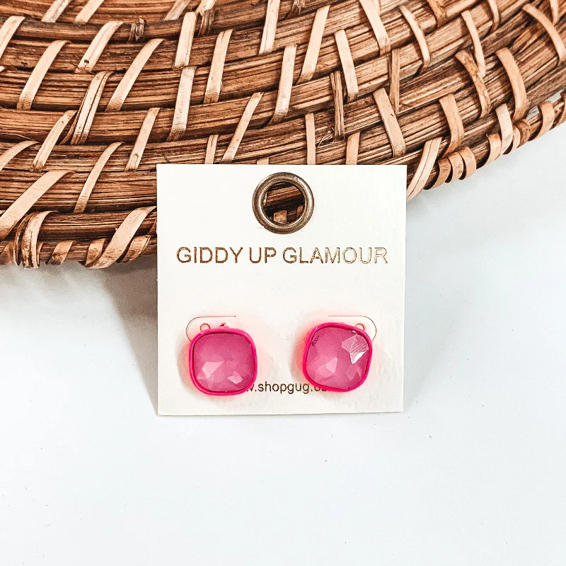 Crystal Gemstone Earrings-Square Stud Earrings with Crystals in Hot Pink