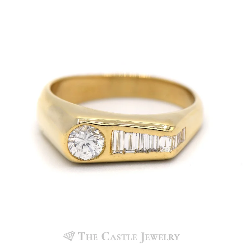 Simple Engagement Rings for Women-1cttw Men's Round and Tapered Baguette Diamond Ring in 18k Yellow Gold