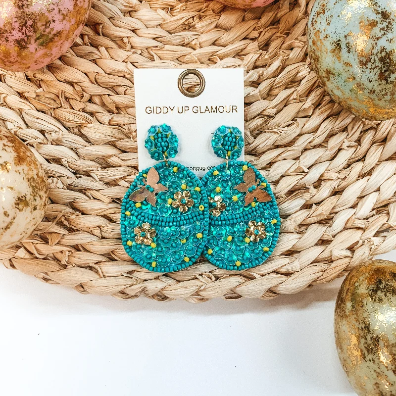 Stylish Drop Earrings for Women-Hoppy Easter Sequin Beaded Easter Egg Earrings in Turquoise