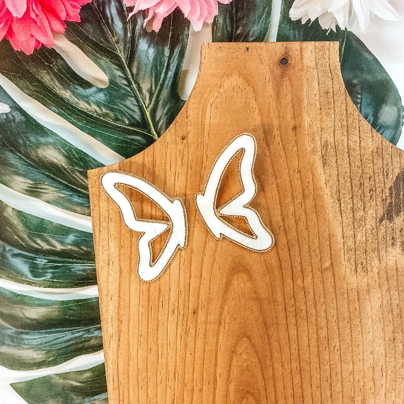 Simple Gold Hoop Earrings-Butterfly Kisses Shell Butterfly Earrings with Gold Trim in Mother of Pearl