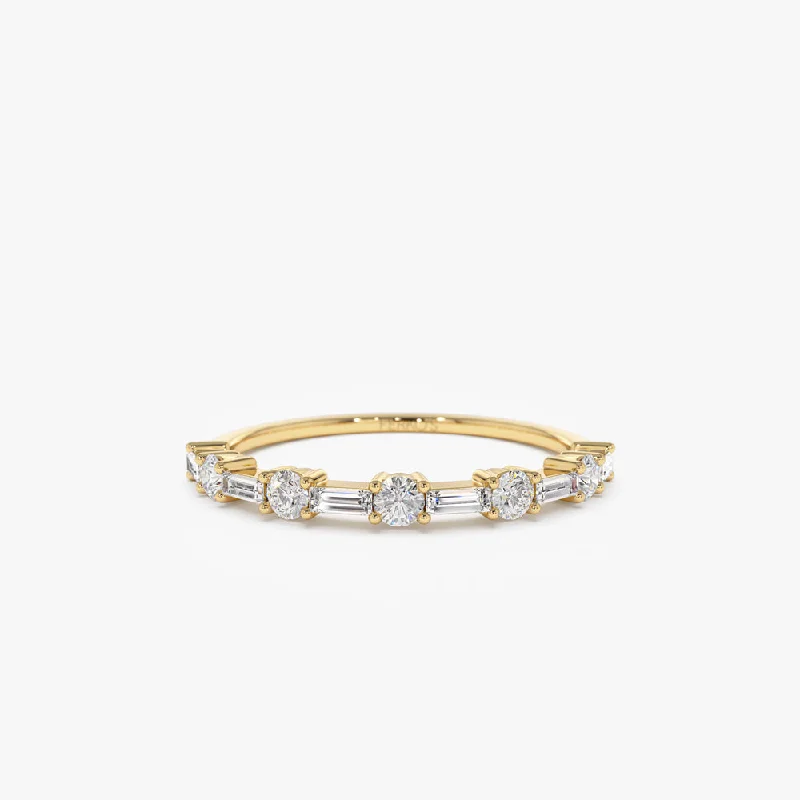 Handmade Promise Wedding Bands-14k Baguette and Round Diamond Alternating Ring