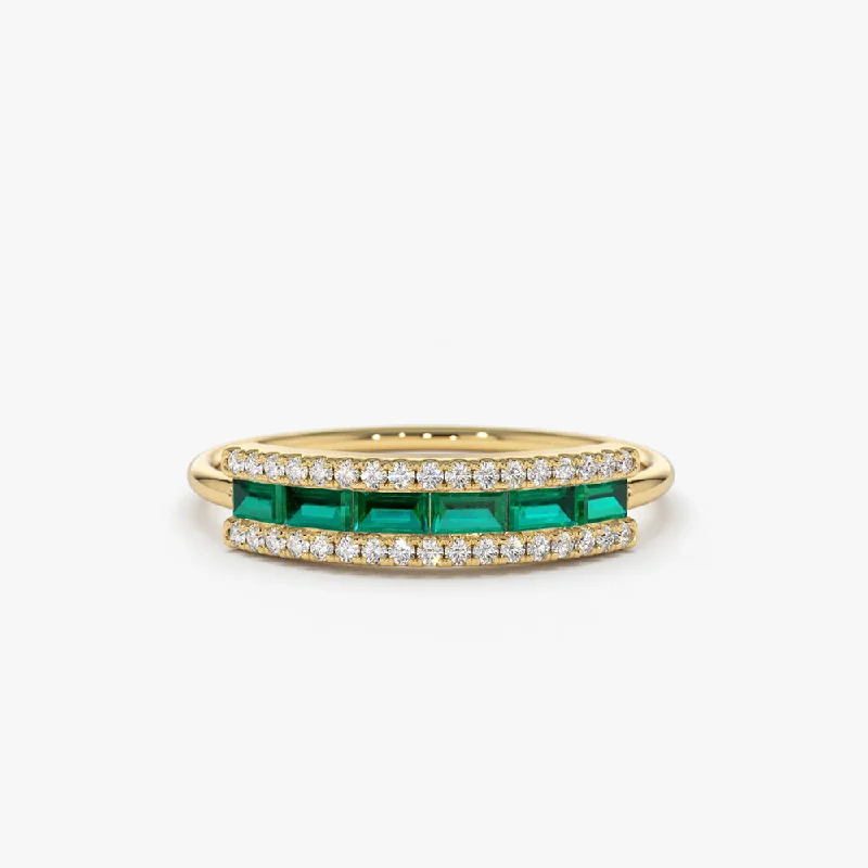 Custom Gemstone Promise Wedding Rings-14k Baguette Emerald and Diamonds Ring