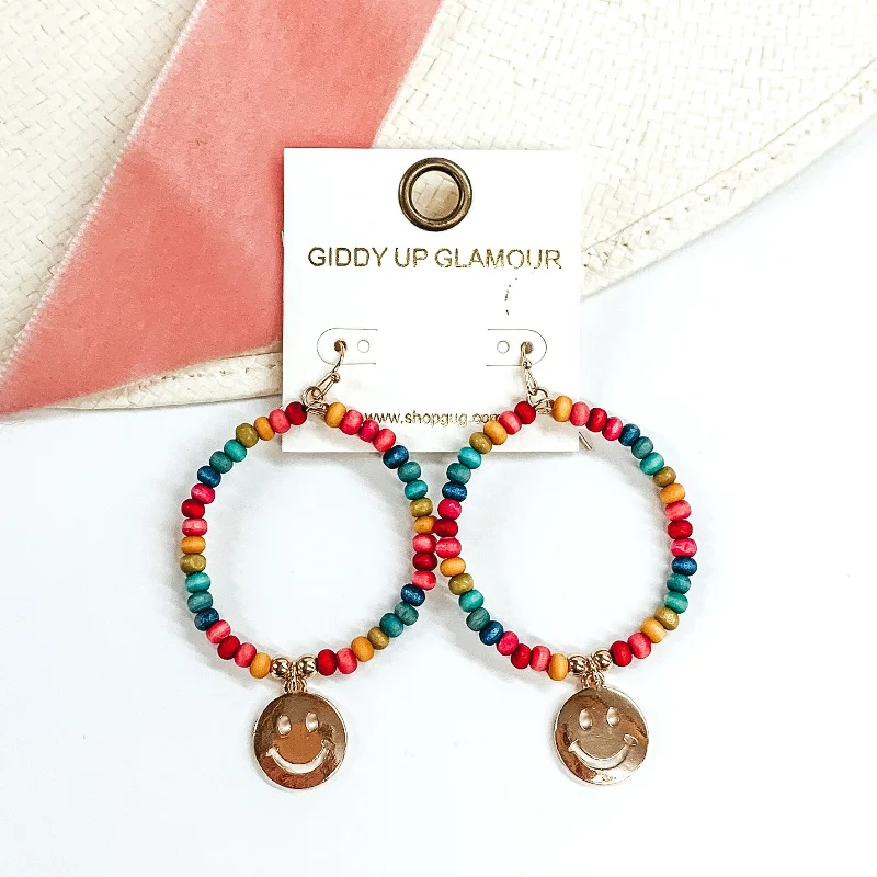 Sparkling Pearl Earrings-Wood Beaded Circle Drop Earrings with Gold Happy Face Charm in Multicolored