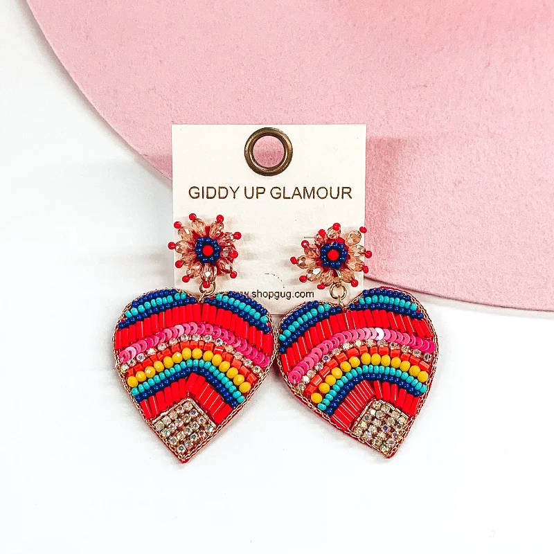 Simple Drop Earrings-Beaded Heart Earrings in Multicolored