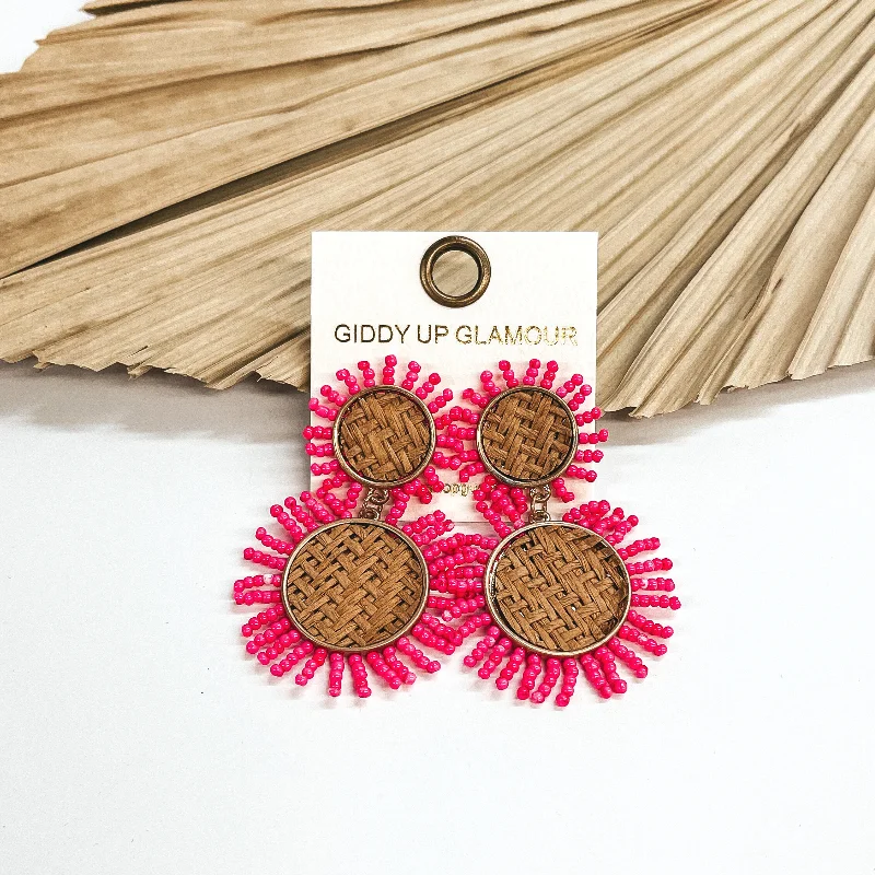 Gold and Crystal Earrings-Seafront Views Two Tiered Woven Gold Circle Drop Earrings with Seedbeads in Pink