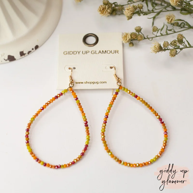 Geometric Crystal Earrings-Crystal Beaded Teardrop Hoop Earrings in Orange Multi