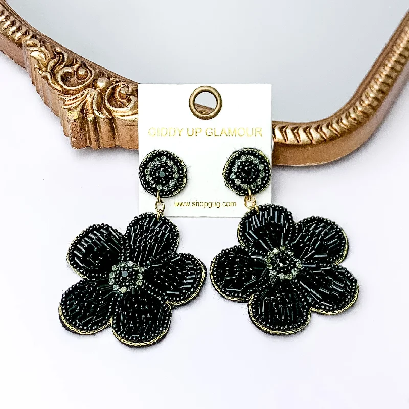 Simple Hoop Earrings for Women-Beaded Flower Earrings in Black with Crystal Stones