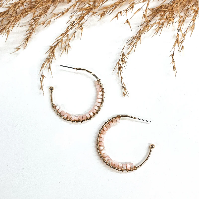 Large Drop Stud Earrings for Women-Oceans Away Open Ended Circle Hoops with Mother of Pearl Beads in Pink