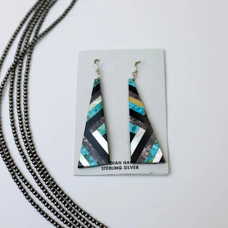 Gold Drop Earrings-Navajo | Navajo Handmade Turquoise, Opal, and Onyx Geometric Design Slab Earrings