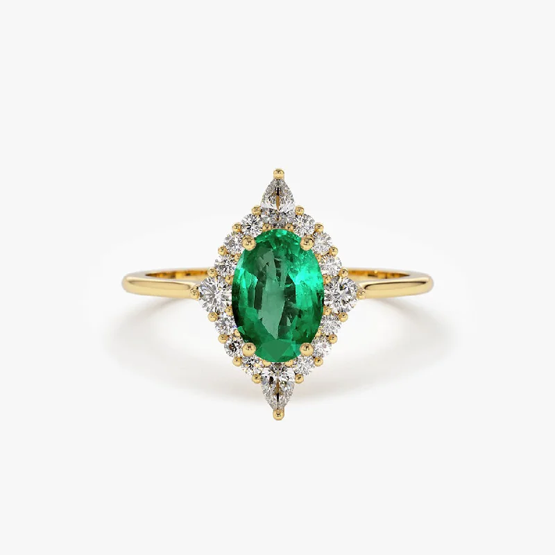 Luxury Gemstone Rings for Men-14k Oval Emerald and Diamond Bellarina Ring