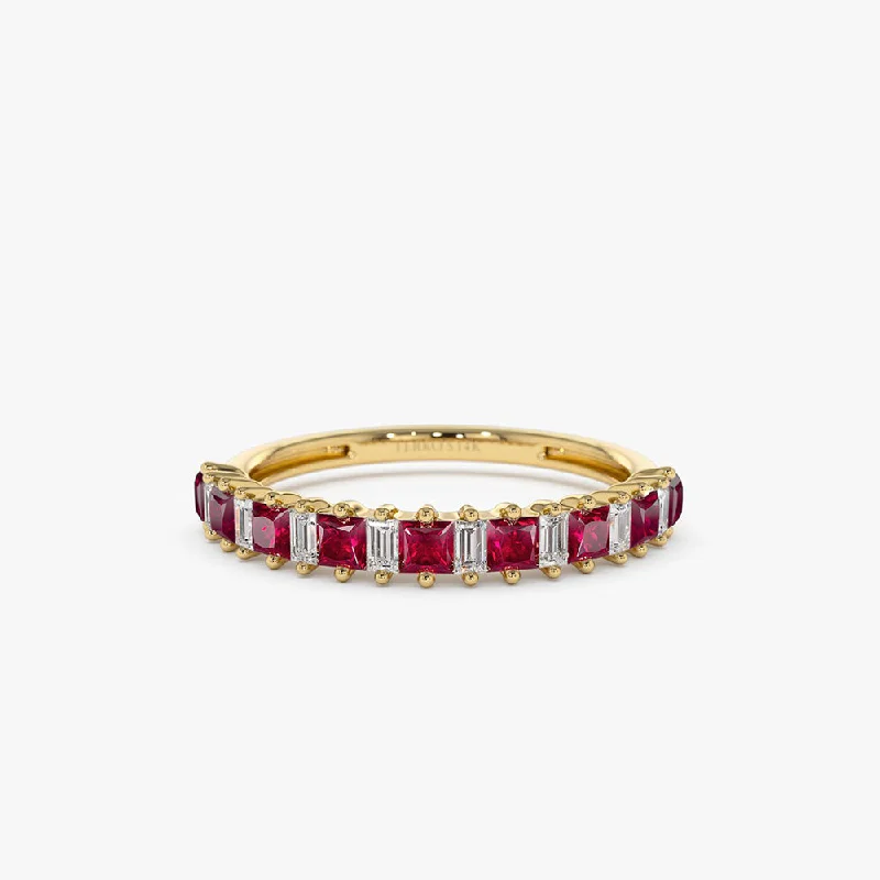 Wedding Rings for Couples-14k Unique Princess Cut Ruby and Baguette Diamond Ring