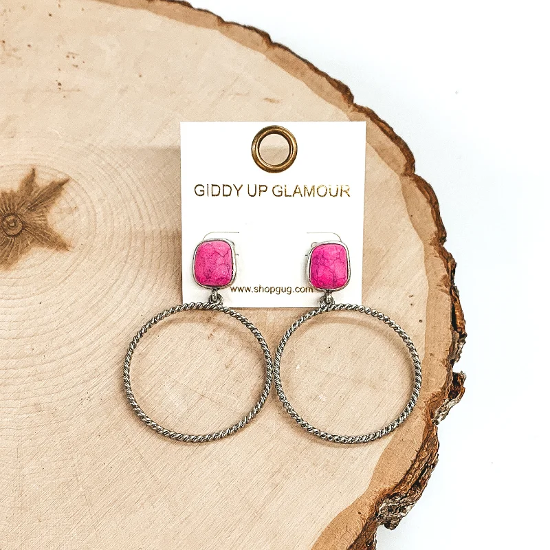 Simple Crystal Earrings for Women-Soulful Look Circle Drop and Stone Post Silver Earrings in Pink