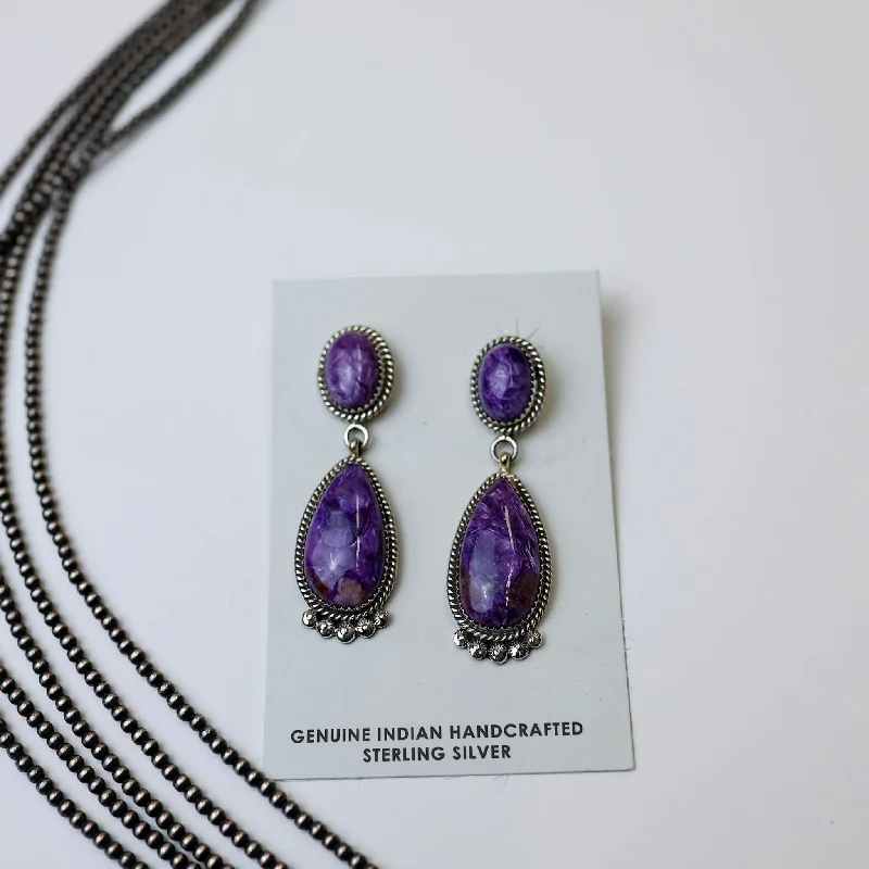 Trendy Gold Earrings-Elouise Kee | Navajo Handmade Sterling Silver & Charoite Drop Earrings