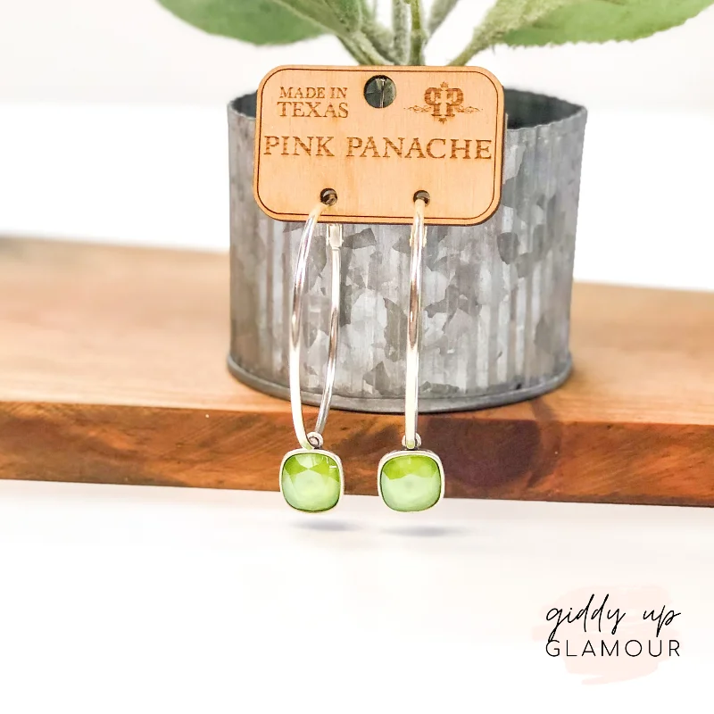 Trendy Drop Earrings for Women-Pink Panache | Large Silver Hoop Earrings with Cushion Cut Crystals in Lime Green