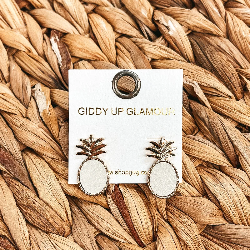 Trendy Gemstone Drop Earrings-Coasting Through Gold Pineapple Post Earrings with Faux Leather in Ivory