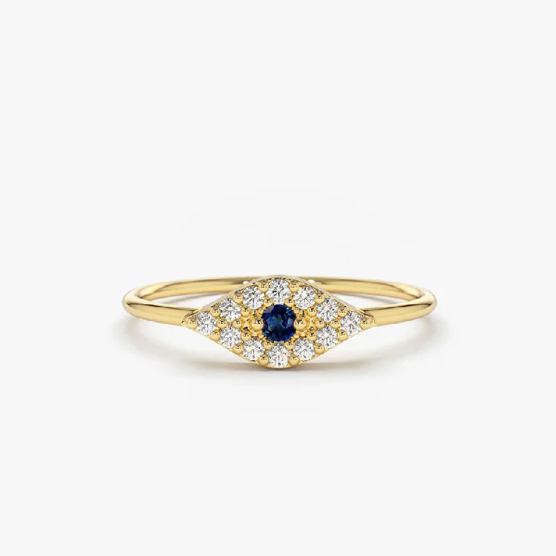 Women’s Custom Engagement Ring Sets-14K Gold Diamond and Sapphire Evil Eye Ring