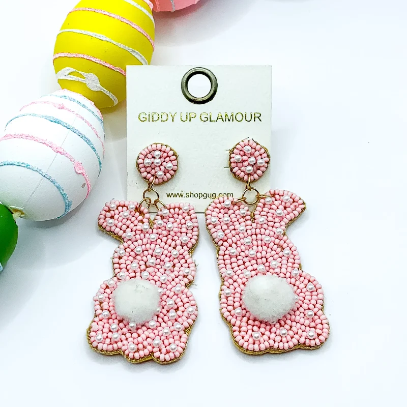 Unique Crystal Earrings-Beaded Bunny Rabbit Earrings with White Beaded Print in Baby Pink