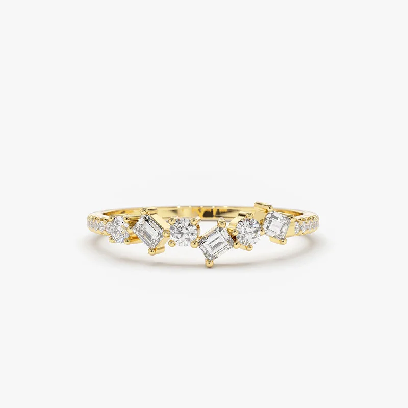 Women’s Custom Engagement Ring Sets-14K Gold Asymmetrical Baguette and Round Diamond Wedding Ring