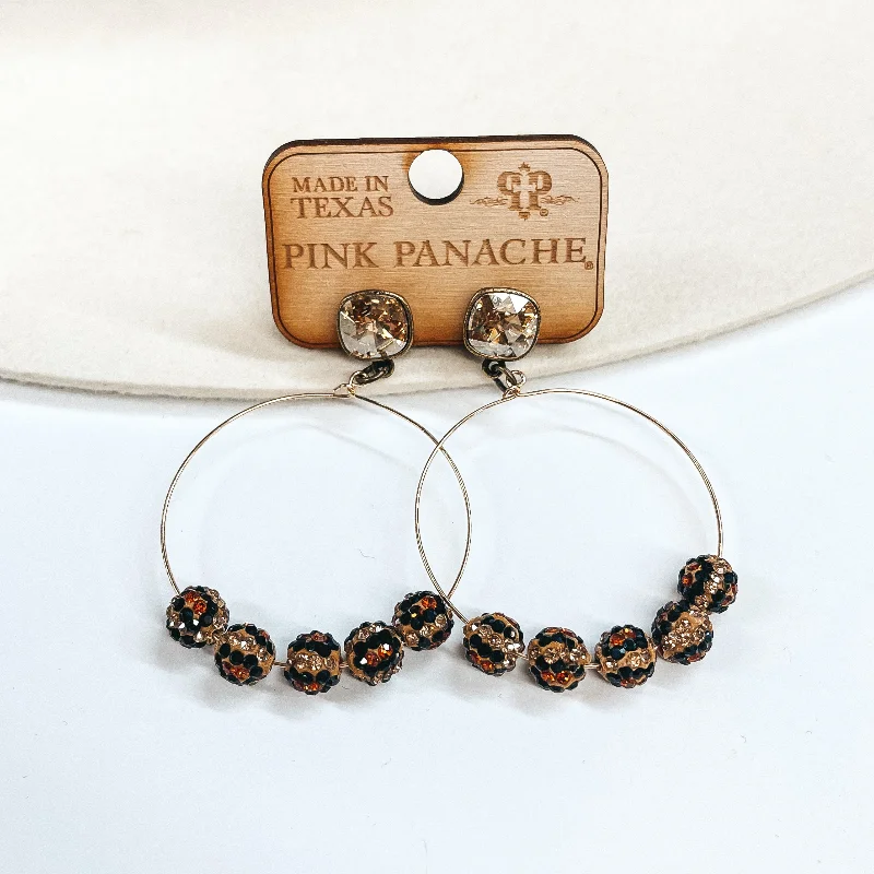 Designer Crystal Earrings-Pink Panache | Black and Brown Beaded Hoop Earrings with Cushion Cut Crystals in Topaz