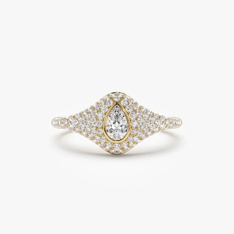 Simple Engagement Rings for Women-14K Pave Setting Pear Shaped Diamond Signet Ring